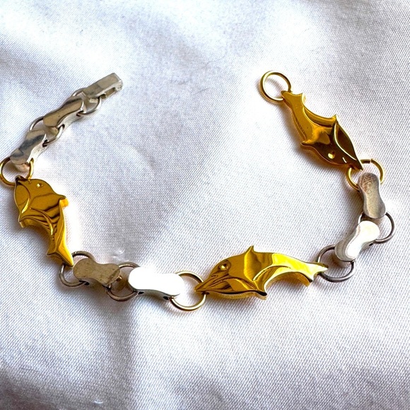 🐬 Vintage .925 Sterling Silver Dolphin Bracelet with Gold Plated Dolphins - Picture 1 of 15